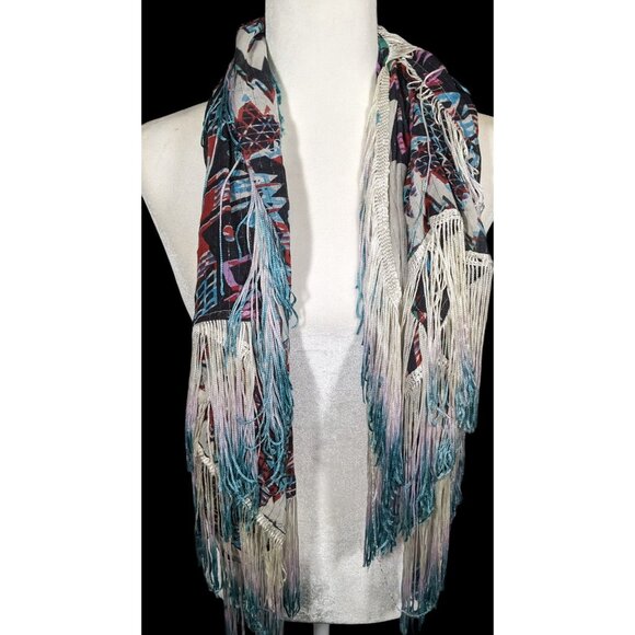 Topshop Southwestern Abstract Rainbow Ombre Fringe Scarf - Picture 2 of 12